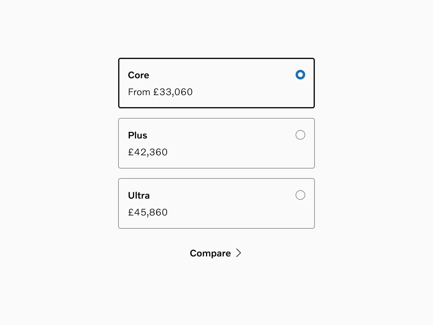 Radio cards with title, price, description and link