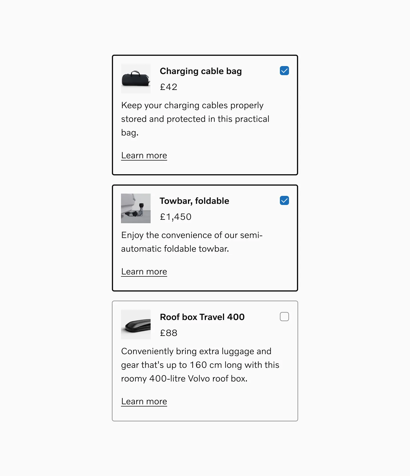 Checkbox cards with image, title, price, description, and link