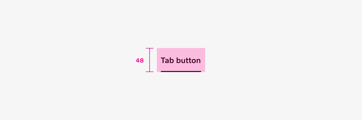Target area of 48px for horizontal tabs with 16px labels