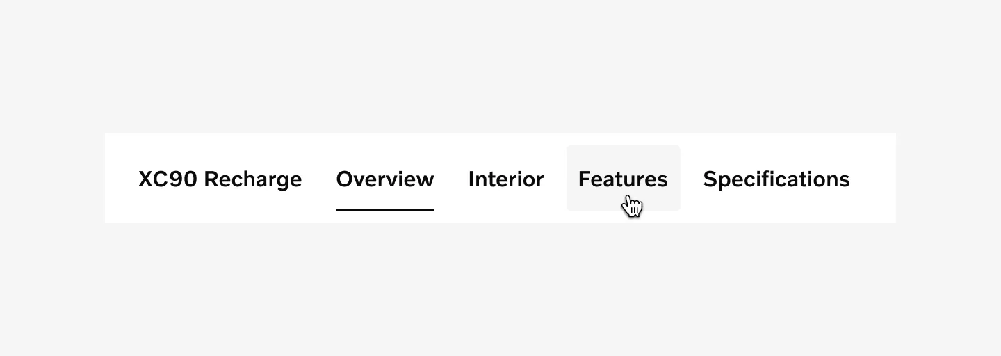 Horizontal tabs on neutral background in default, active, and hover states