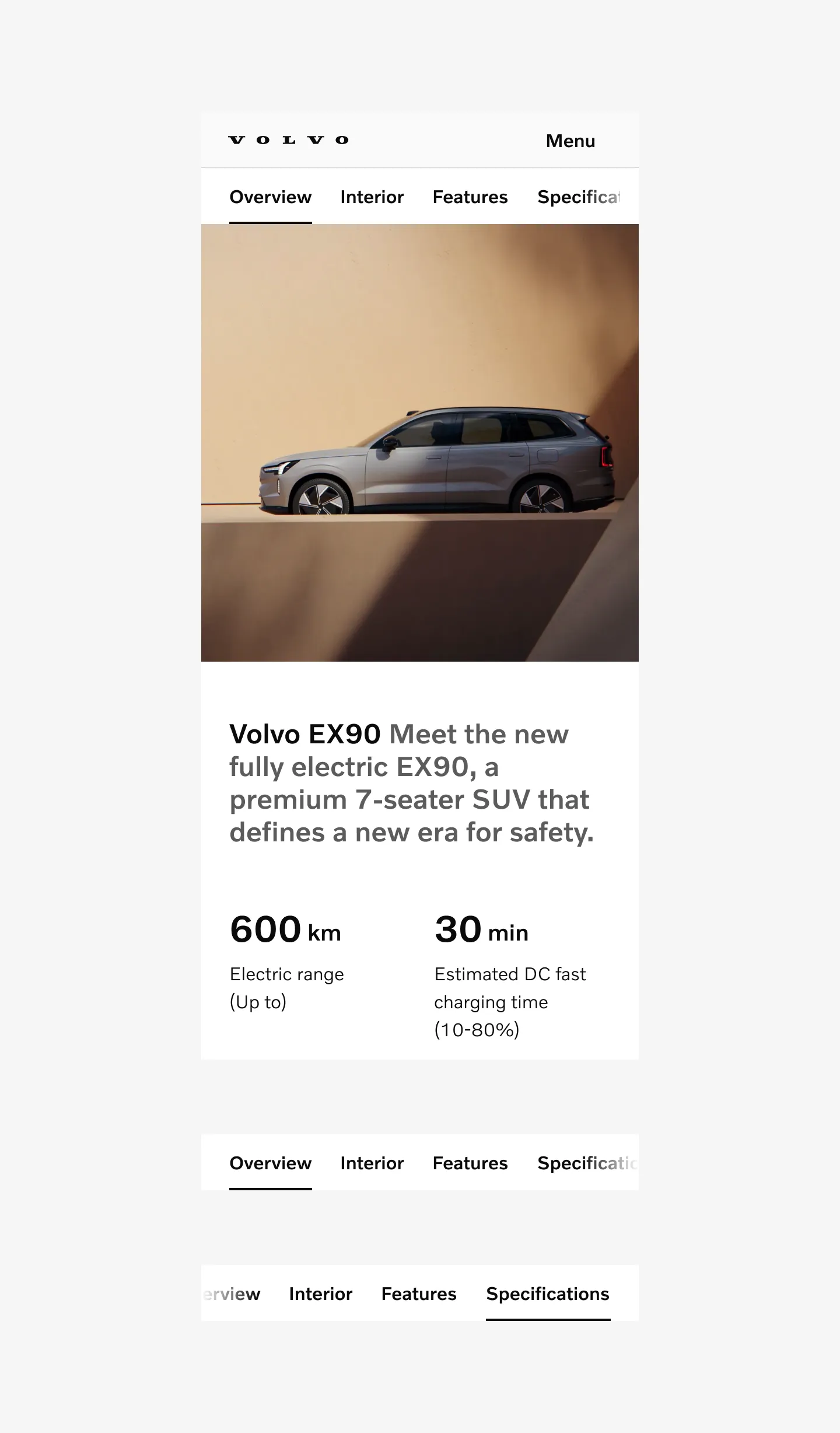 Scrollable tabs used on a product page