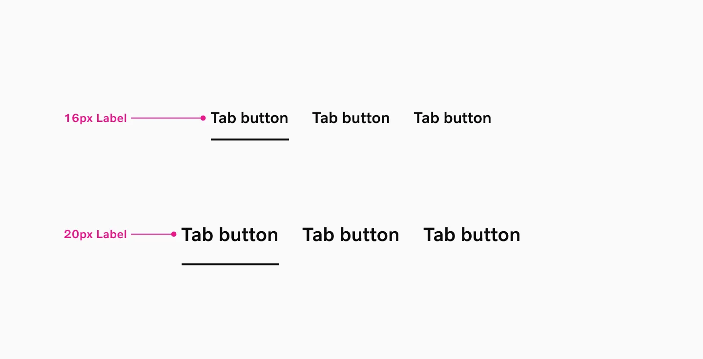 Comparison of 16px and 20px tab label sizes